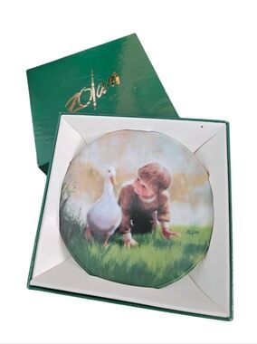 Zolan "Just Ducky"Decorative Mini Plate with Child & Goose Illustration - Green